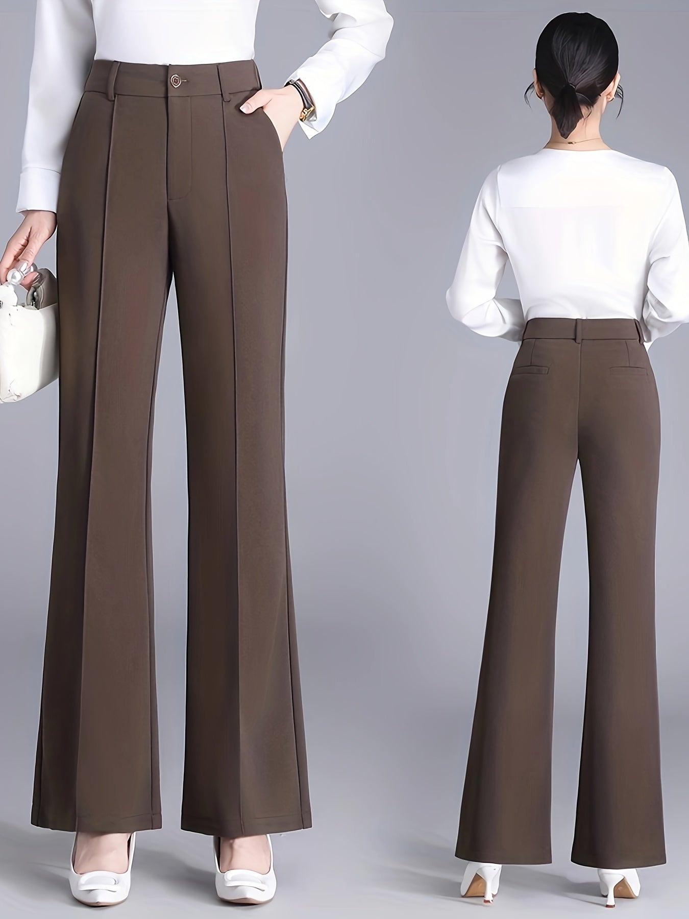 Calça elegante femininas de cor sólida - cintura alta, ajuste solto