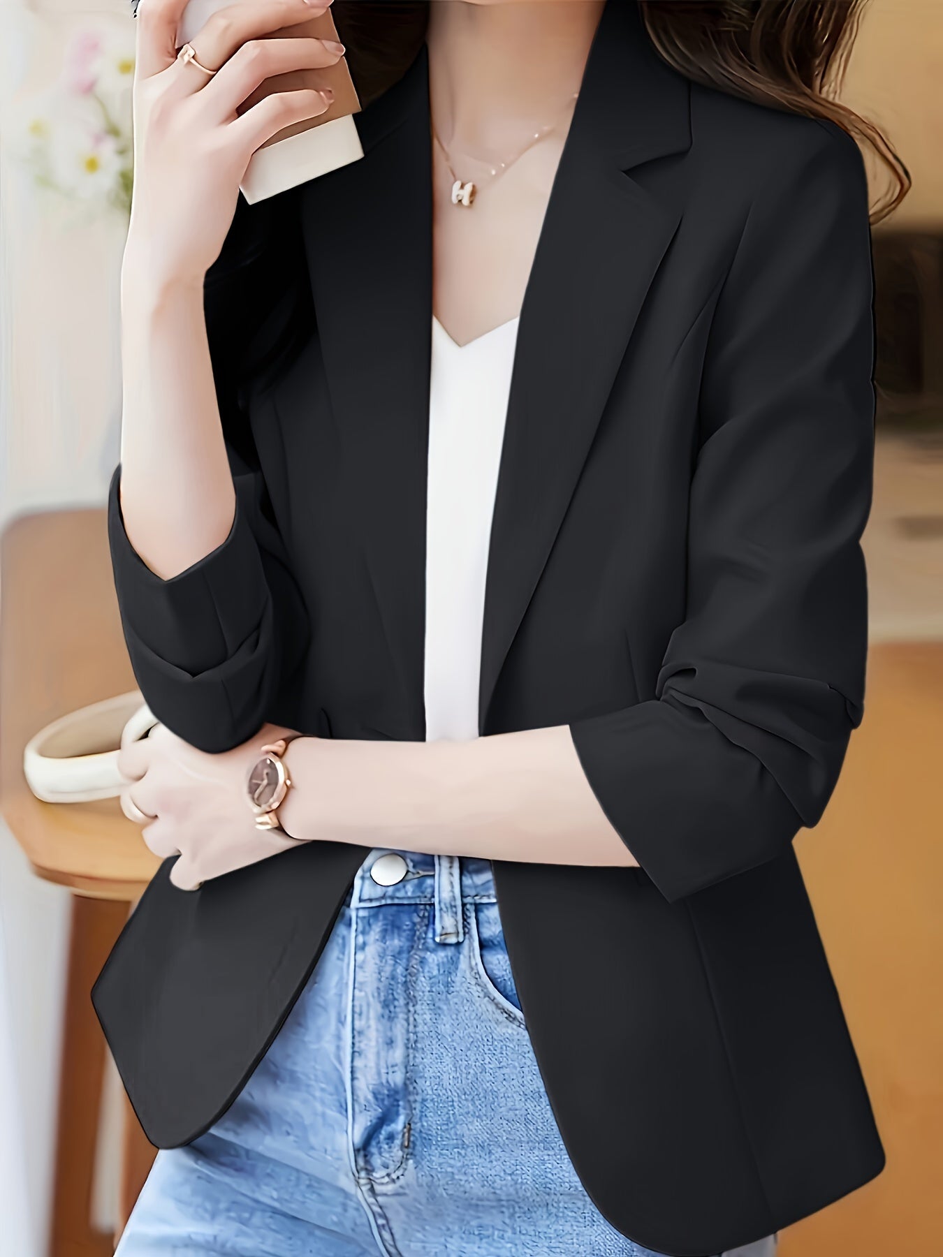 Blazer  estiloso feminino com fecho de botão único - Casual, manga comprida