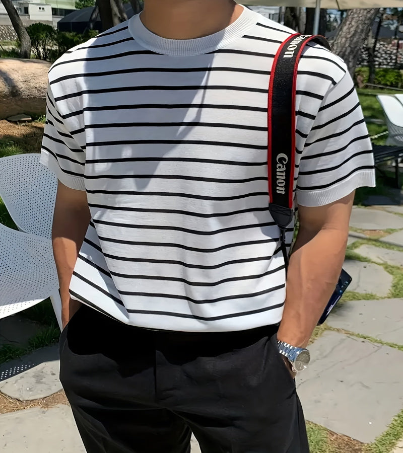 Camisa de malha listrada, manga curta Cross-Border