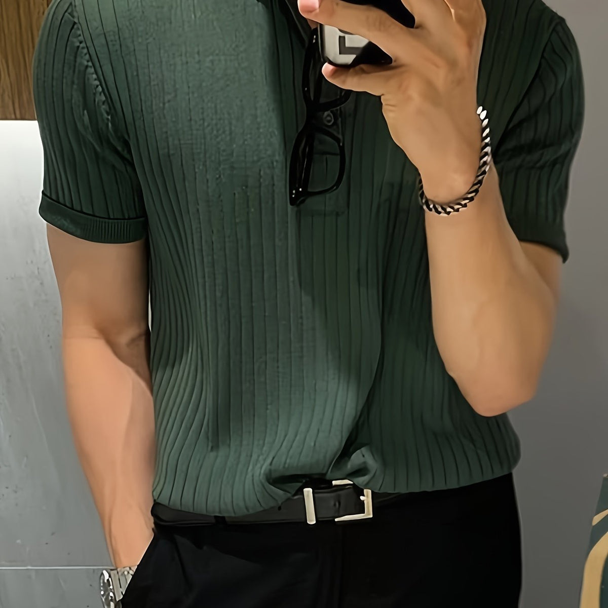 Camisa Polo malha canelada de cor sólida masculino - Top de malha de manga curta