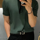Camisa Polo malha canelada de cor sólida masculino - Top de malha de manga curta