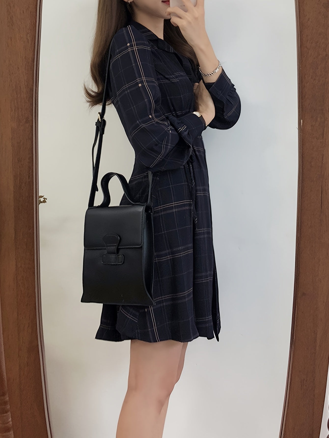 Vestido feminino com gola polo xadrez e cinto, casual, manga comprida, tecido de poliéster