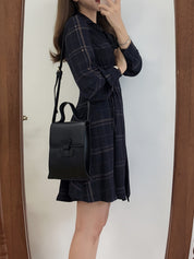 Vestido feminino com gola polo xadrez e cinto, casual, manga comprida, tecido de poliéster