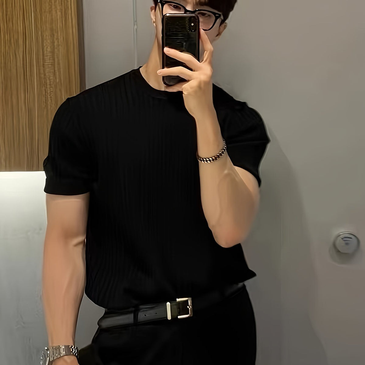 Camisa Suéter de malha masculino liso com gola redonda