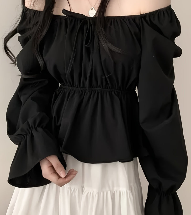 Camisa Solta de Ombro Caído com Cintura Marcada e Mangas Sino com Babados – Sofisticação e Leveza no Estilo Coreano