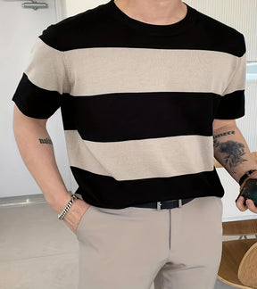 Camisa masculina de manga curta, leve, listrada e com blocos de cores