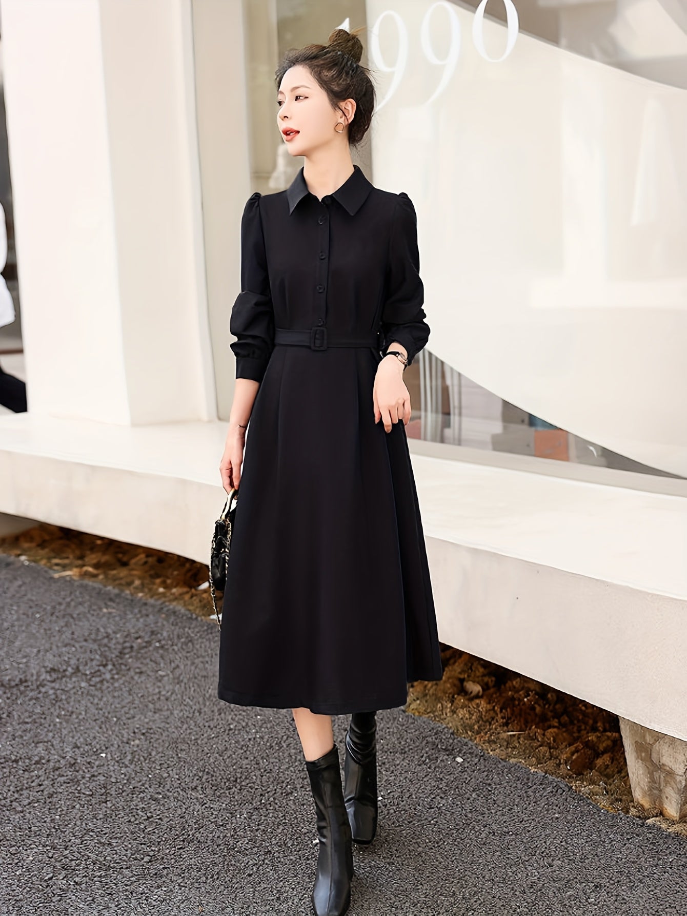 Conjunto elegante de duas peças - Vestido de manga comprida com bainha assimétrica e camisa