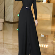 Vestido de manga comprida com decote em V, corte slim, cintura justa