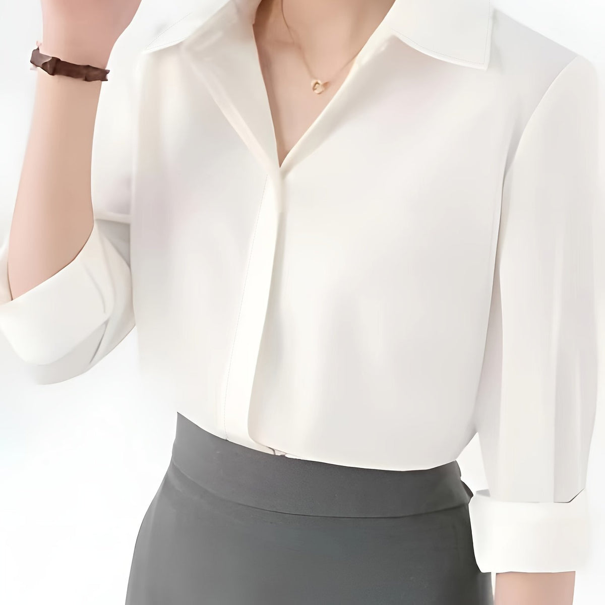 Camisa de botão frontal ,elegante de lapela de  manga comprida