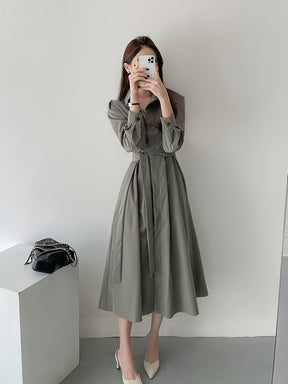Vestido midi elegante, vestido de poliéster com lapela e gola justa e cinto para primavera
