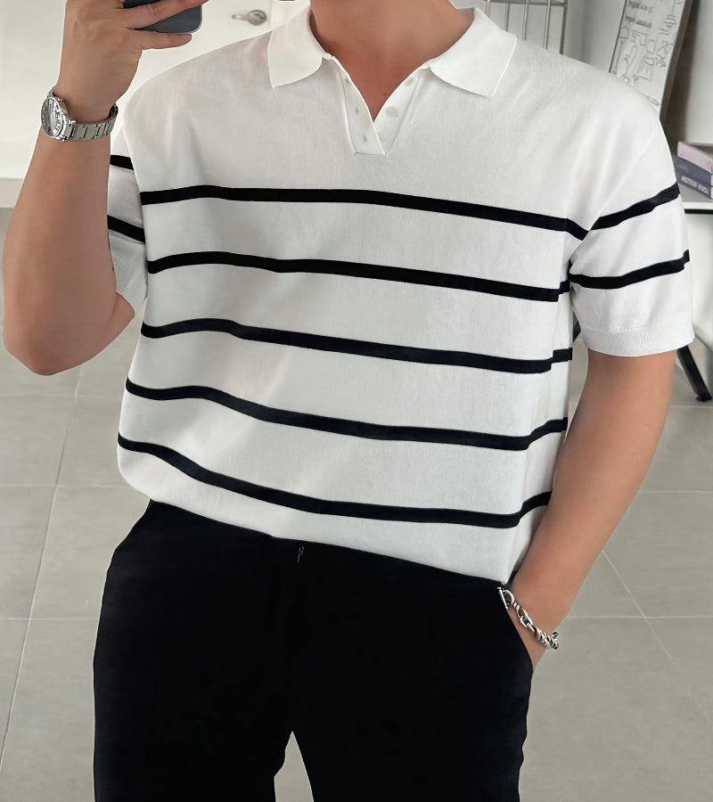 Polo de malha manga curta com gola listrada masculina