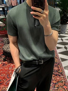 Camisa Suéter de malha masculino liso com gola redonda
