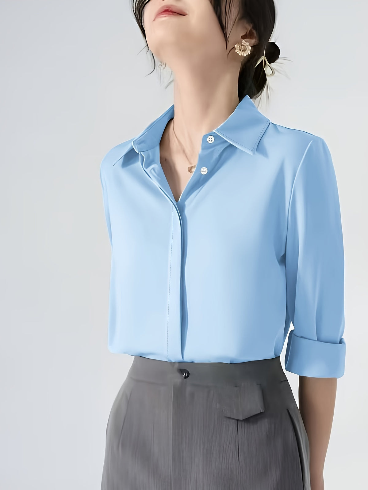 Camisa de botão frontal ,elegante de lapela de  manga comprida