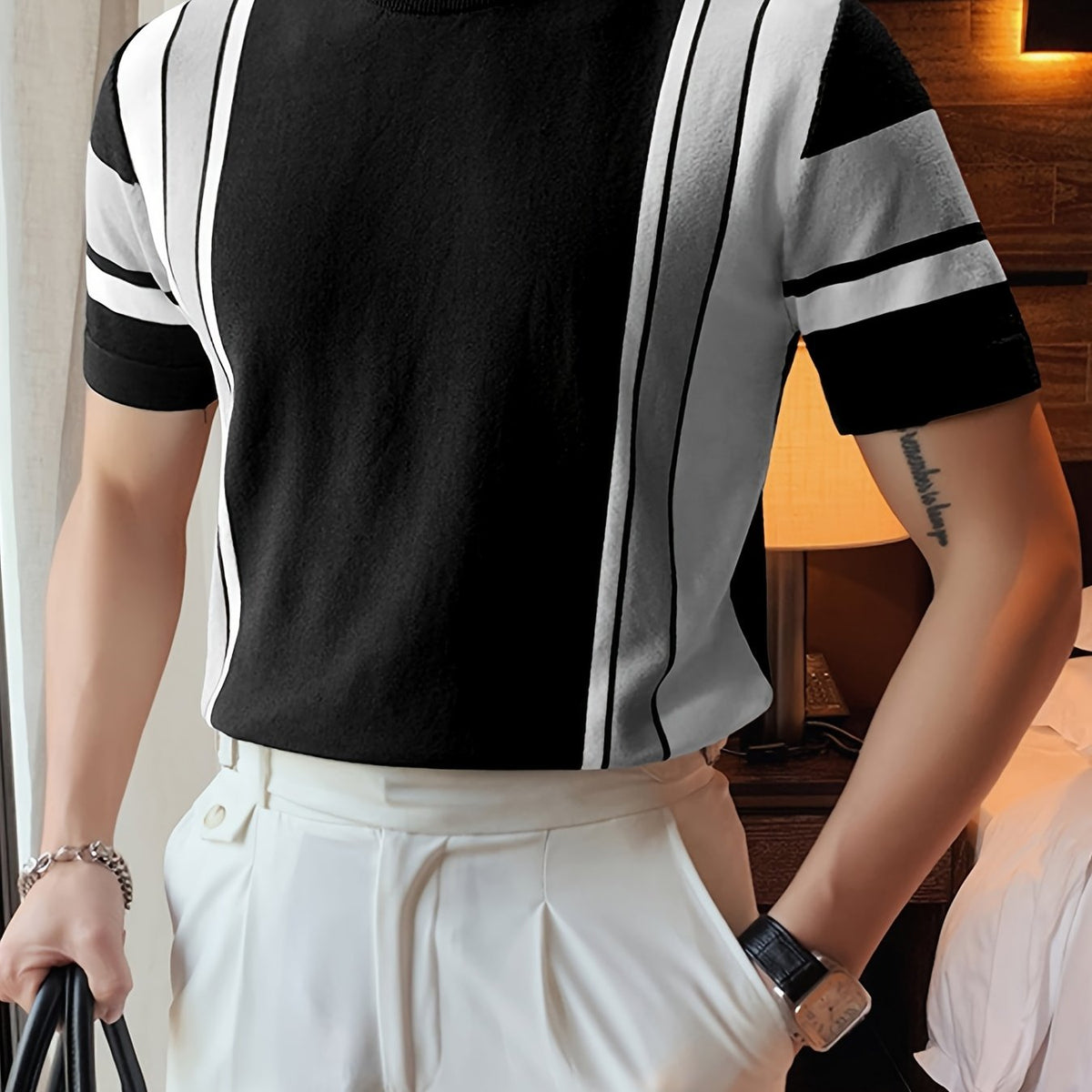Camiseta casual listrada masculina com gola redonda