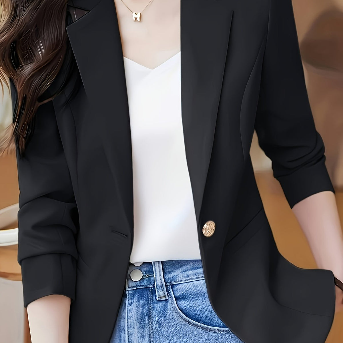 Blazer  estiloso feminino com fecho de botão único - Casual, manga comprida