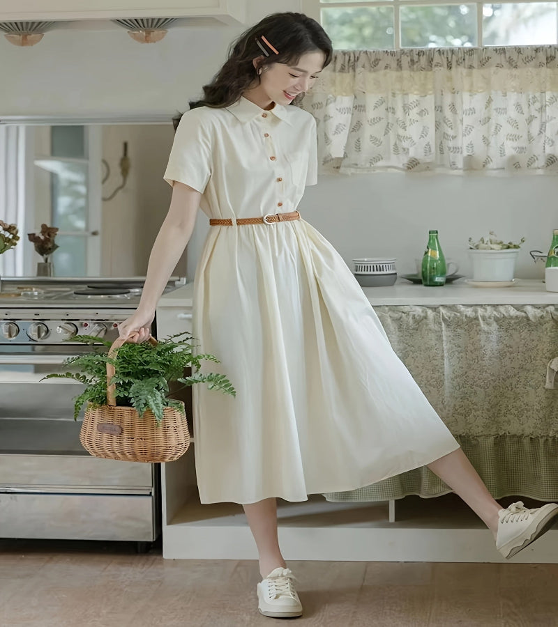 Vestido midi estilo preppy feminino com cinto