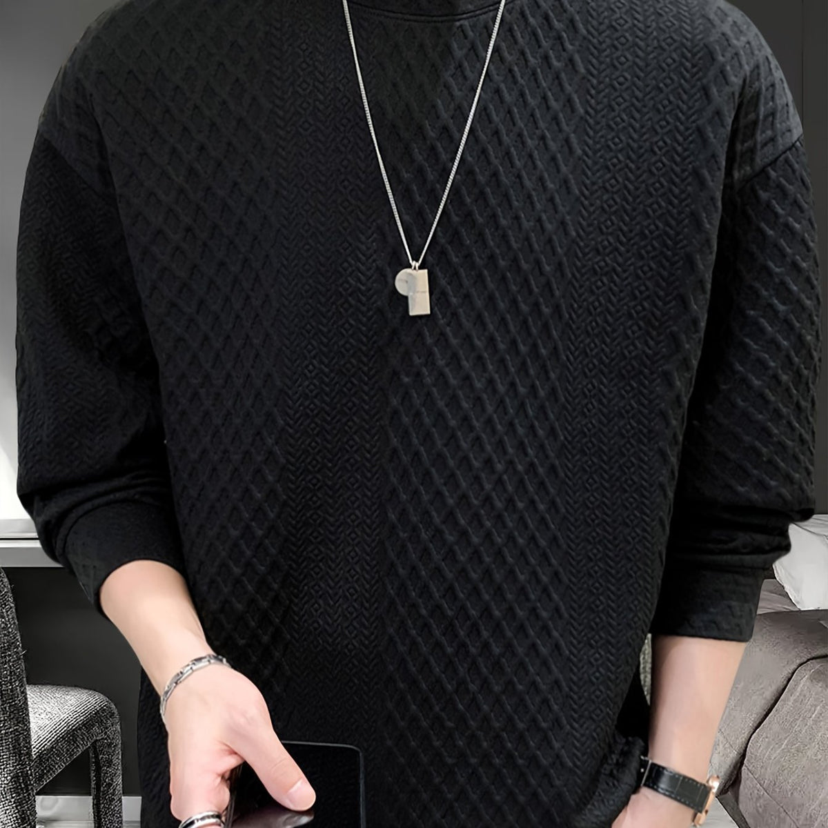 Camisa de malha casual masculino - manga comprida, gola redonda, texturizado