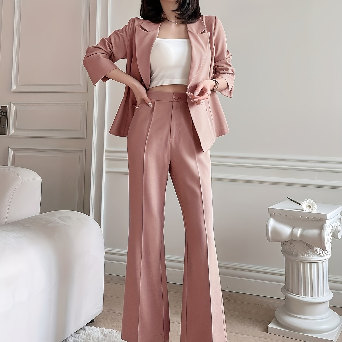 Conjunto de terno feminino de duas peças, incluindo blazer de manga 3/4 e calças boca de sino