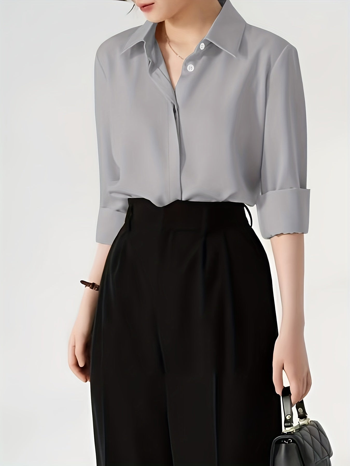 Camisa de botão frontal ,elegante de lapela de  manga comprida