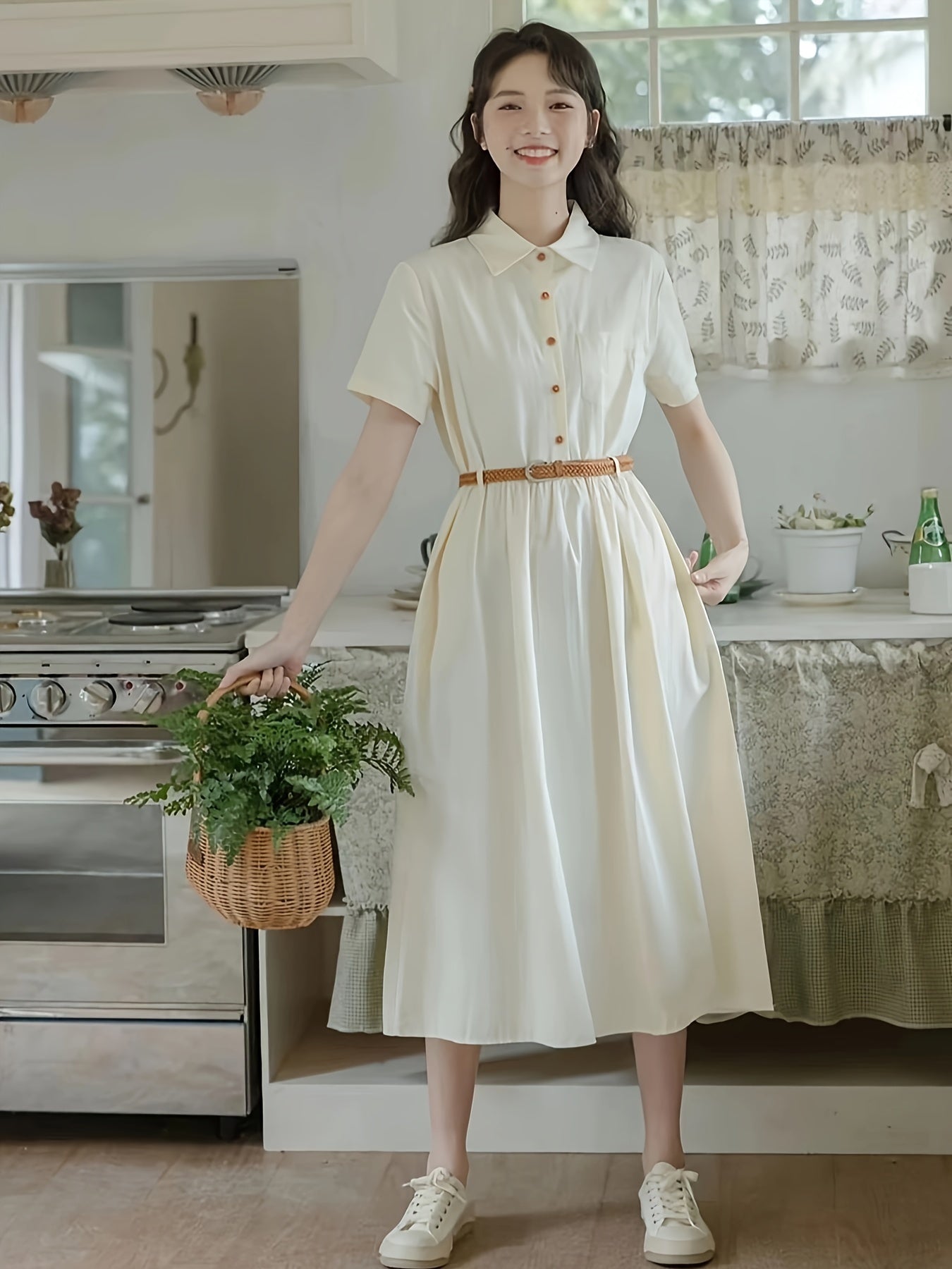 Vestido midi estilo preppy feminino com cinto