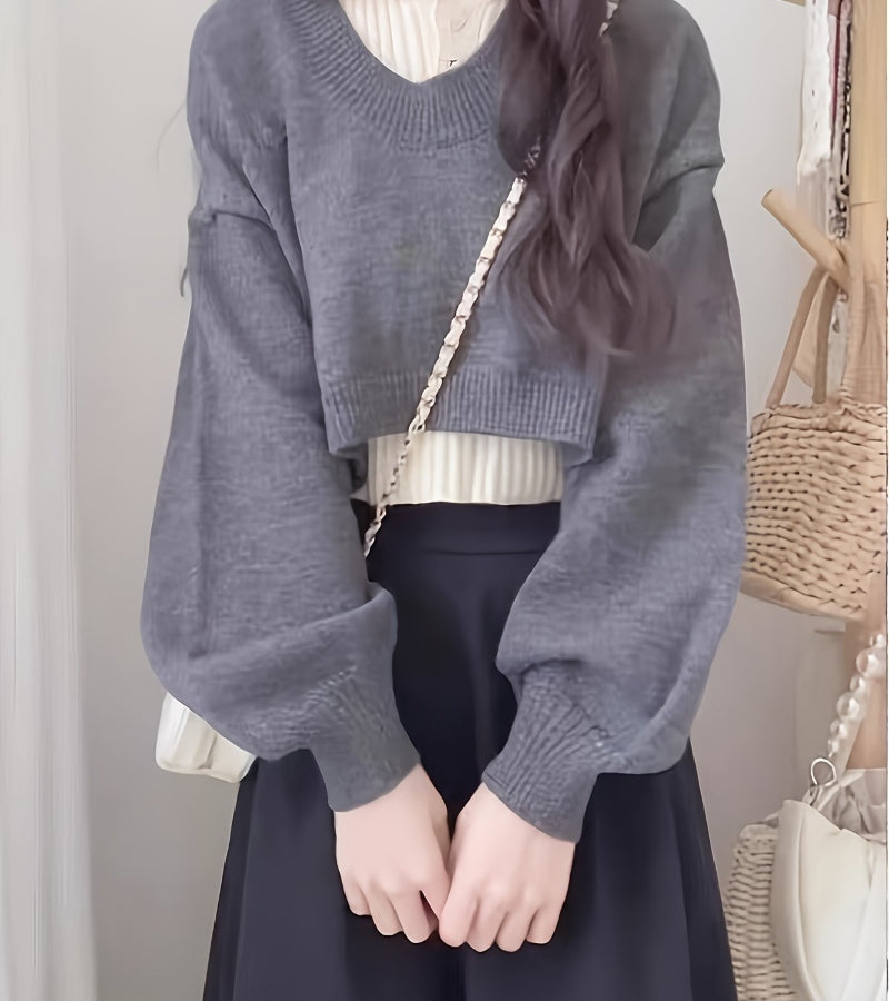 Look Coreano de Tricô – Conjunto Duas Peças com Gola V