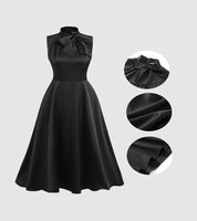 Look Quando telefone toca – Vestido midi preto com gola de laço