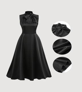 Look Quando telefone toca – Vestido midi preto com gola de laço