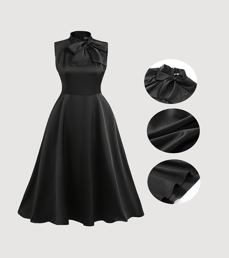 Look Quando telefone toca – Vestido midi preto com gola de laço