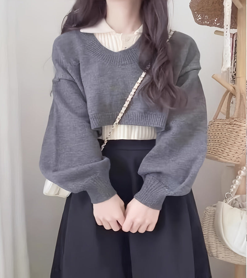 Look Coreano de Tricô – Conjunto Duas Peças com Gola V