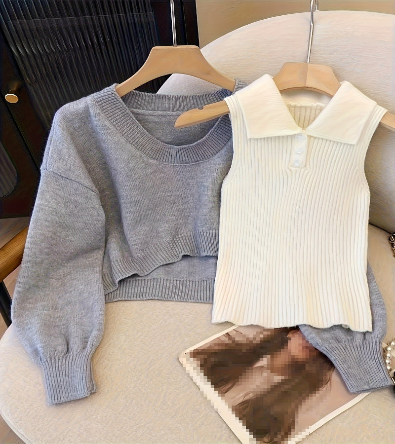 Look Coreano de Tricô – Conjunto Duas Peças com Gola V