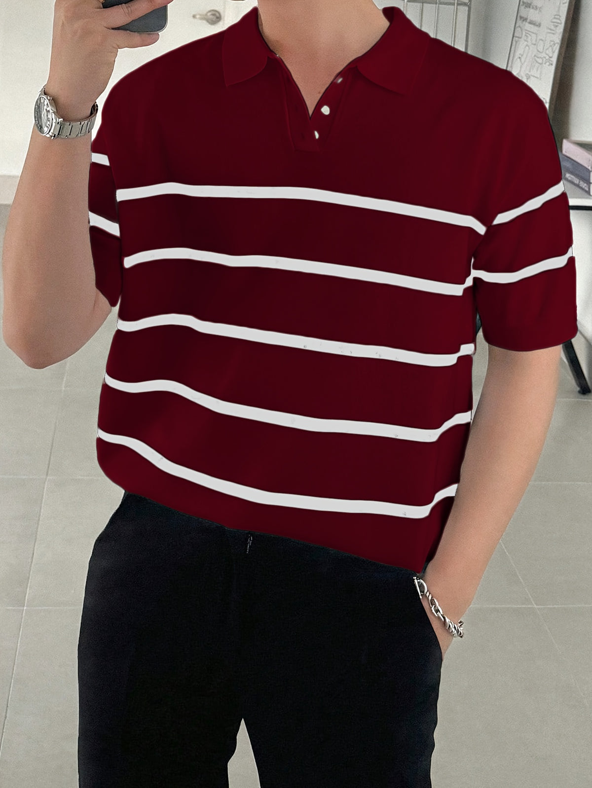 Polo de malha manga curta com gola listrada masculina
