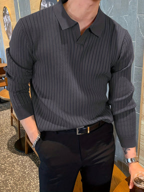 Camisa de malha suéter masculino casual com lapela e decote em V