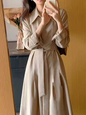 Vestido midi elegante, vestido de poliéster com lapela e gola justa e cinto para primavera