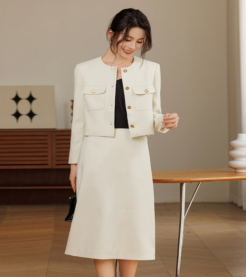 Conjunto Feminino Casaco Curto e Saia de Cintura Alta – Elegância e Sofisticação para Todas as Ocasiões