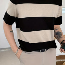 Camisa masculina de manga curta, leve, listrada e com blocos de cores