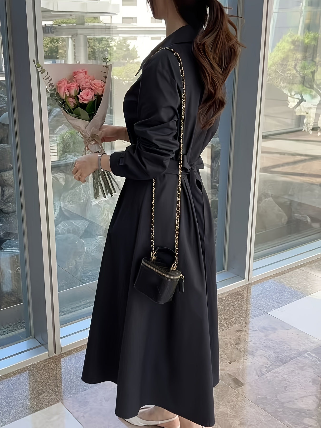 Vestido midi elegante, vestido de poliéster com lapela e gola justa e cinto para primavera
