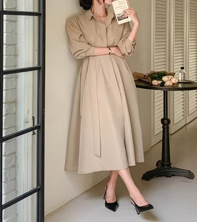 Vestido midi elegante, vestido de poliéster com lapela e gola justa e cinto para primavera