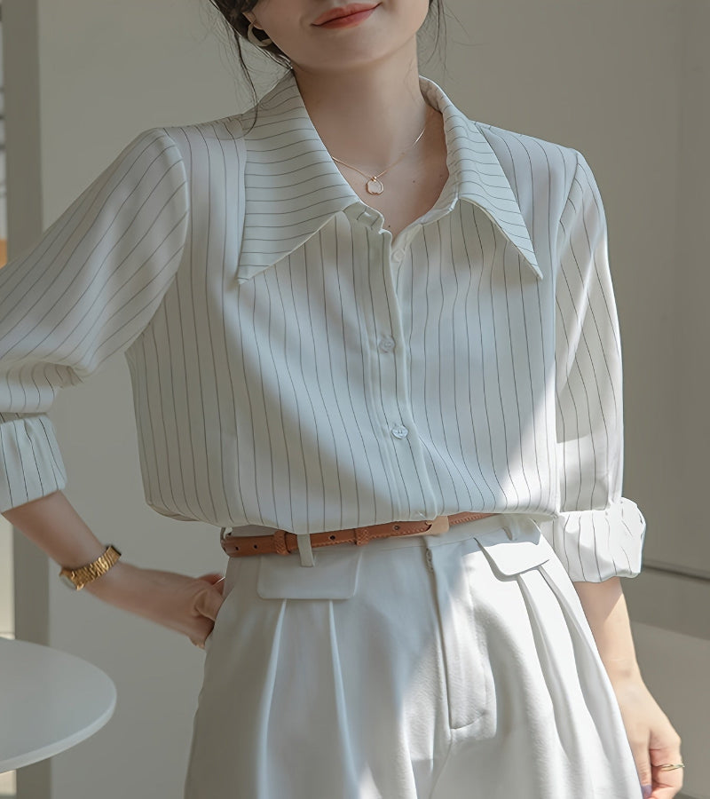 Camisa de manga comprida listrada, gola de lapela