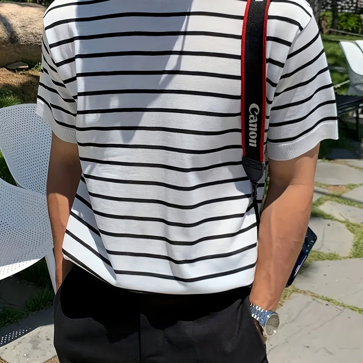 Camisa de malha listrada, manga curta Cross-Border