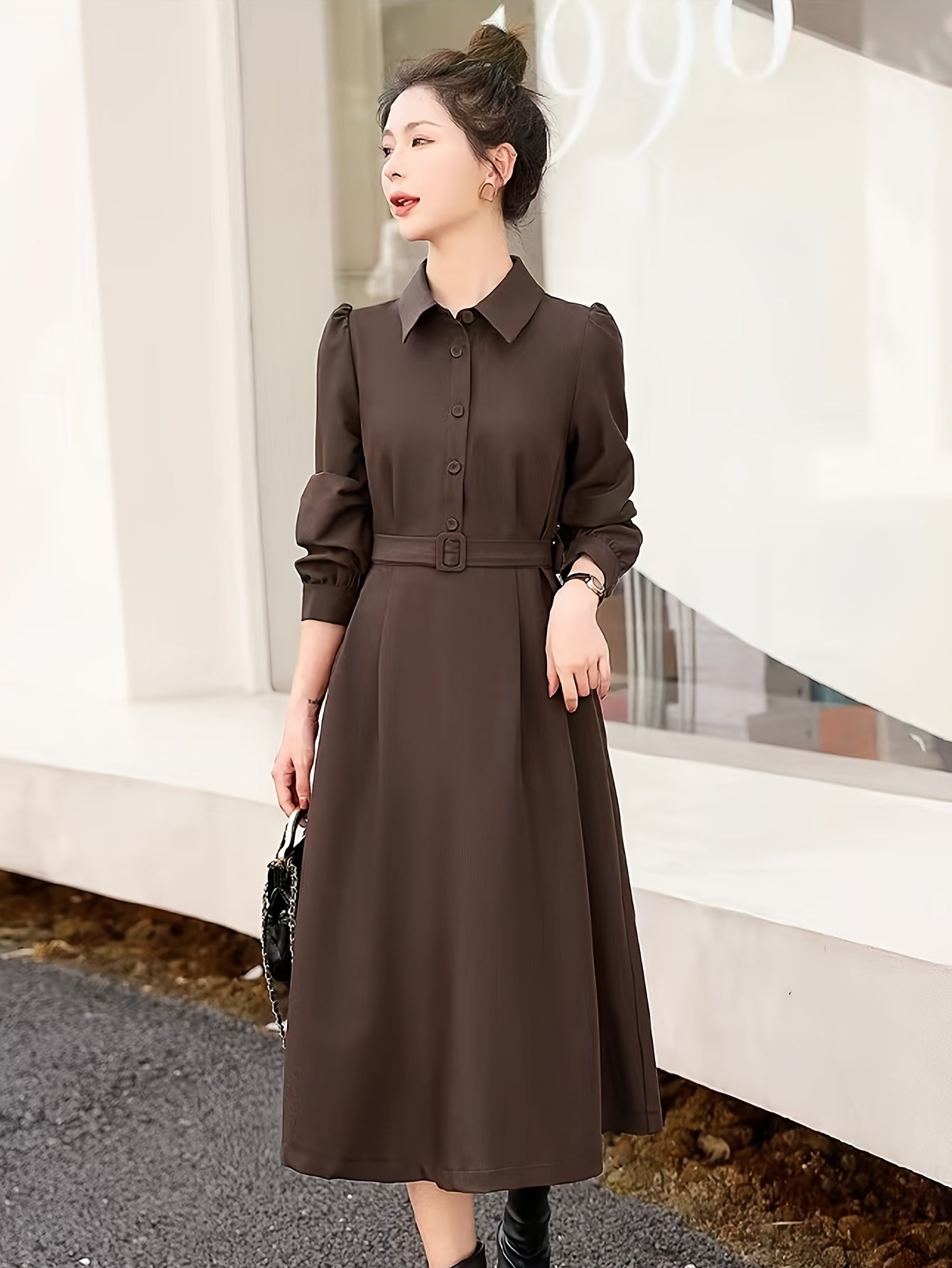 Conjunto elegante de duas peças - Vestido de manga comprida com bainha assimétrica e camisa