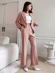 Conjunto de terno feminino de duas peças, incluindo blazer de manga 3/4 e calças boca de sino