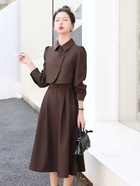 Conjunto elegante de duas peças - Vestido de manga comprida com bainha assimétrica e camisa