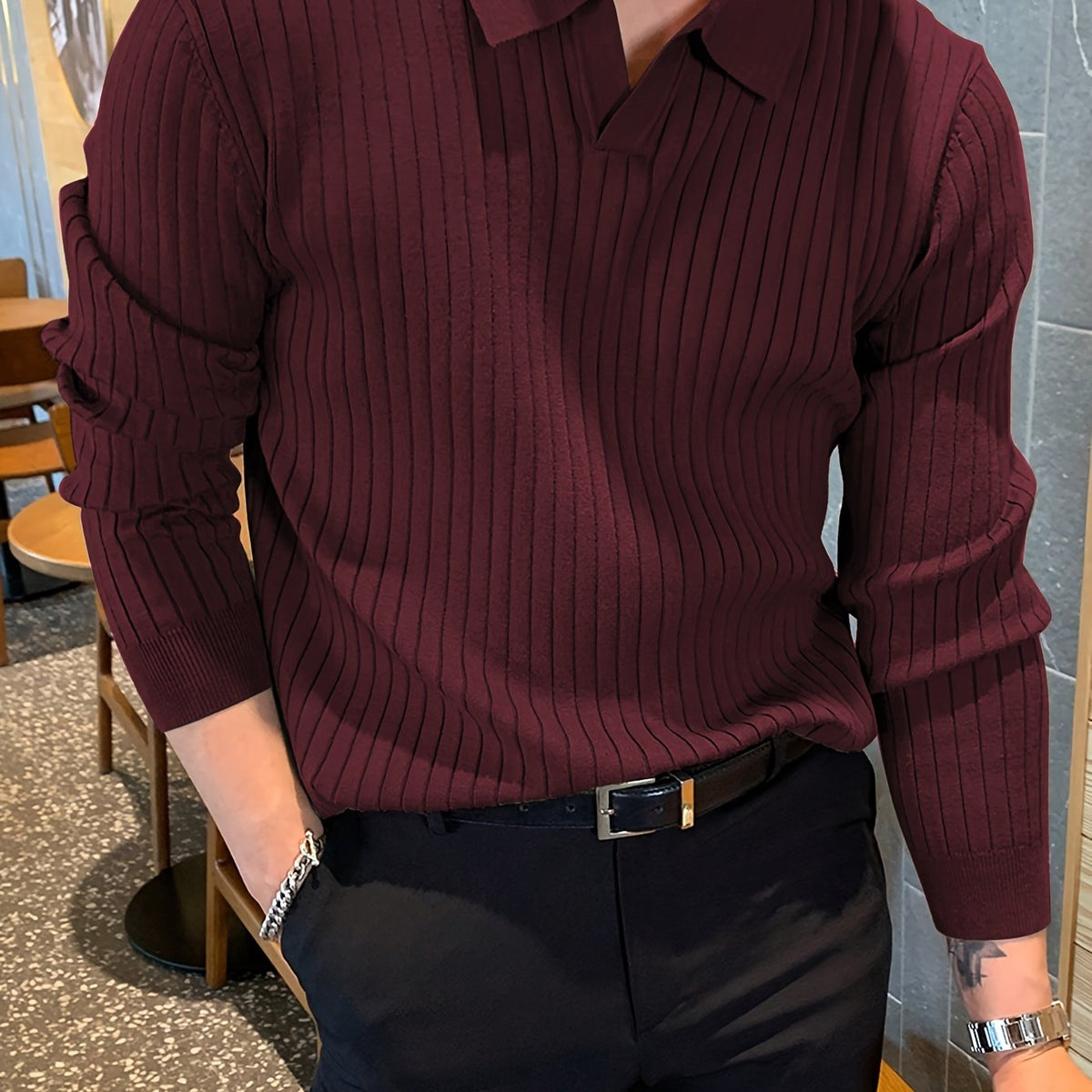 Camisa de malha suéter masculino casual com lapela e decote em V