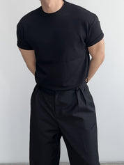 Camisa masculina de poliéster com gola redonda -  manga curta e cor sólida
