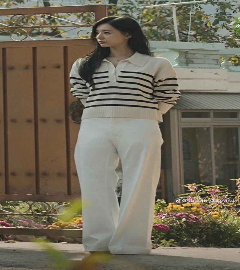 Look Rainha das Lagrimas - Suéter Listrado de gola  + Calça Alfaiataria