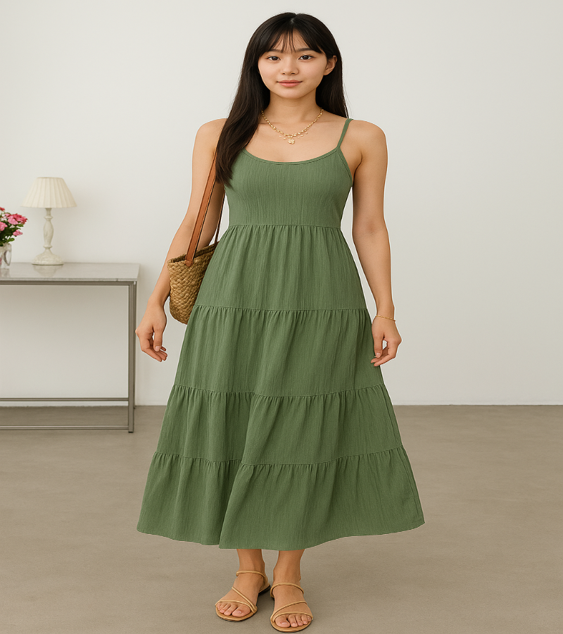 Vestido Elegante Verde – Modelo A-Line, Decote Costas Abertas com Amarração