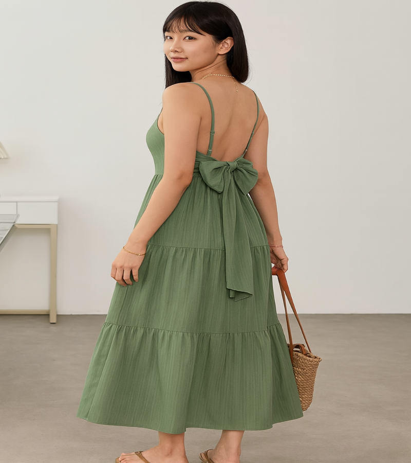 Vestido Elegante Verde – Modelo A-Line, Decote Costas Abertas com Amarração