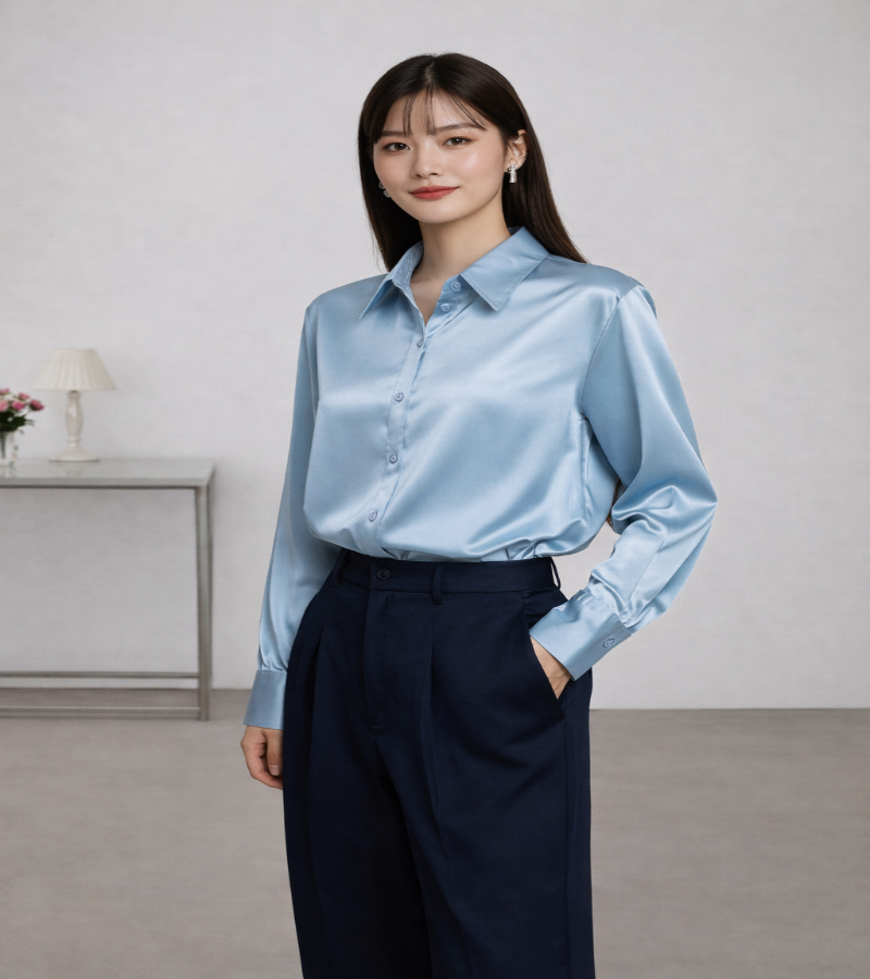 Camisa de Cetim com Gola Dobrada - Look Coreano de Verão