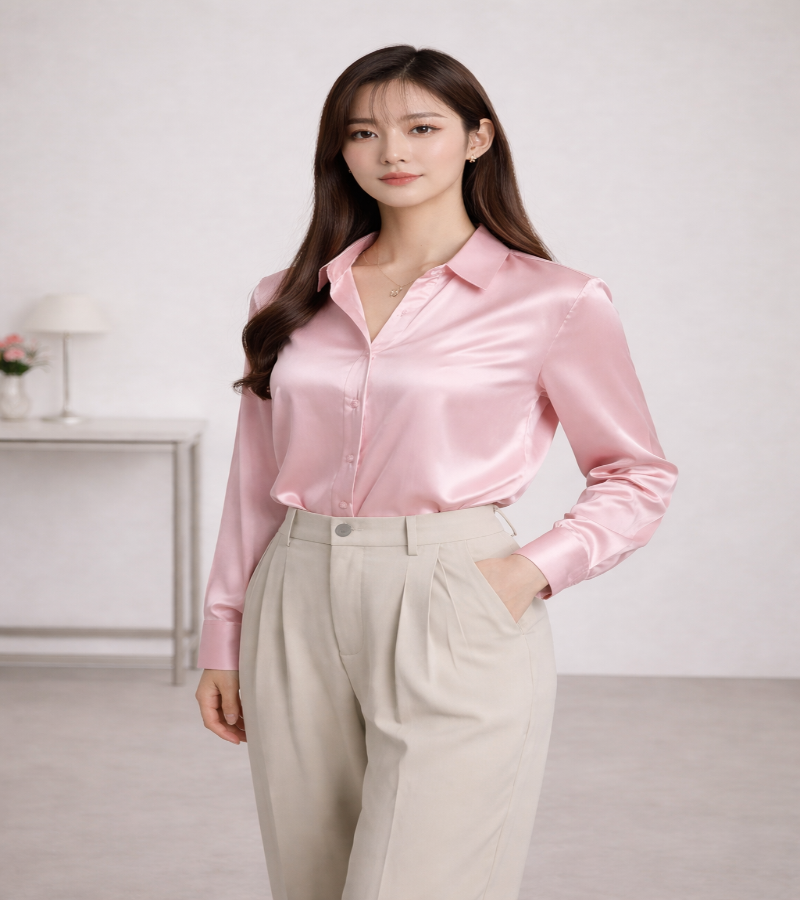 Camisa de Cetim com Gola Dobrada - Look Coreano de Verão