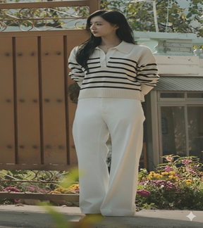 Look Rainha das Lagrimas - Suéter Listrado de gola  + Calça Alfaiataria